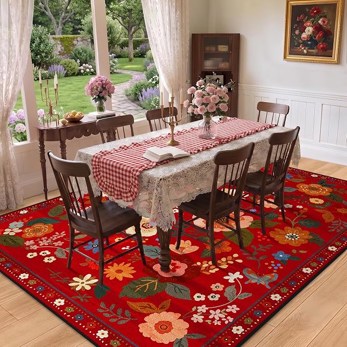 Floral Washable 8x10 Area Rugs Red/Orange | Flower Carpet Print Boho Cute Non - Image 8