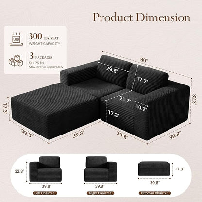 Vesgantti 80" Modular Sectional Sofa, Corduroy Cloud Couch - Image 2