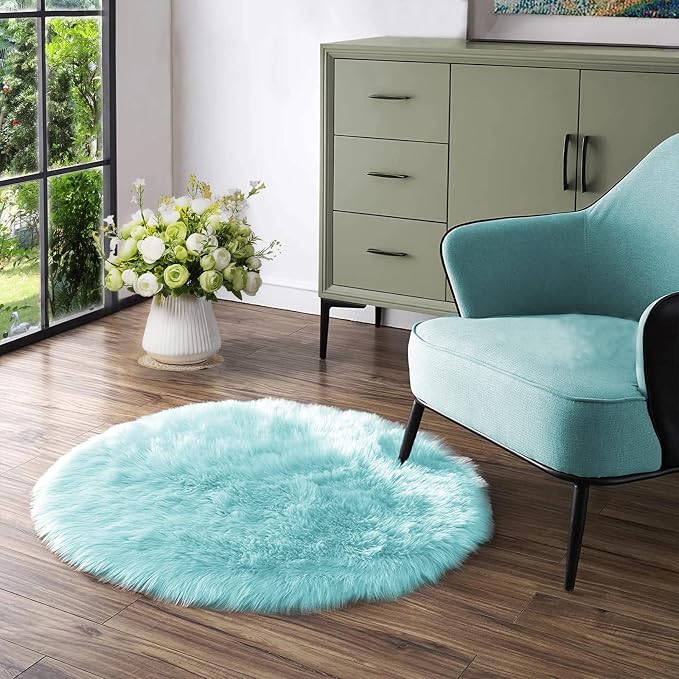 Latepis Fluffy Light Blue Round Rug 5ft Faux Fur Fluffy Washable Rugs Shag by Latepis