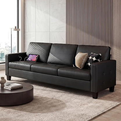 STHOUYN Black Faux Leather 3 Seater Sofa and Loveseat, Modern Comfy Office - Image 9