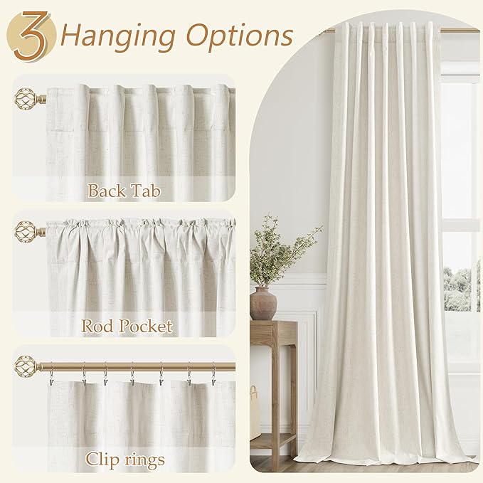 100% Blackout Linen Curtains for Bedroom 63 Inches Long Natural Cream Black Out - Image 6