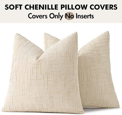 MIULEE Chenille Textured Euro Throw Pillow Covers Beige 24x24 Set of 2 | Slubby - Image 8