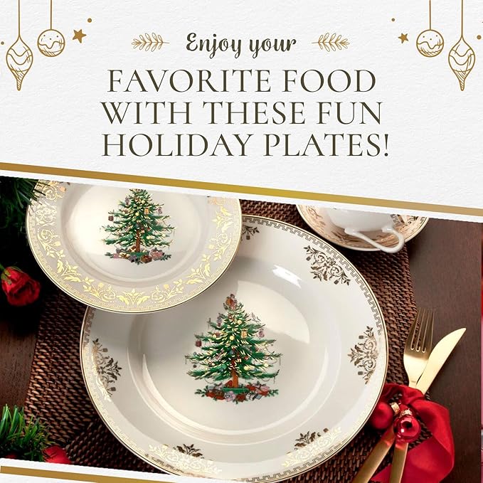 Spode Christmas Tree Gold Salad Plate (Set of 4) – 8-Inch Porcelain Dinner & Appetizer, Christmas Dinnerware & Holiday Tableware, Microwave & Dishwasher Safe, Festive Seasonal Dining Plate