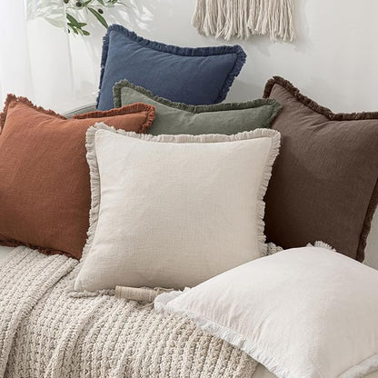 MIULEE Boho Linen Fringe Decorative Fall Pillow Covers Reddish Brown 18x18 | - Image 6