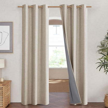 NICETOWN Oatmeal Full Blackout Boho-Chic Linen Curtains 84 inch Long 2 Panels - Image 2
