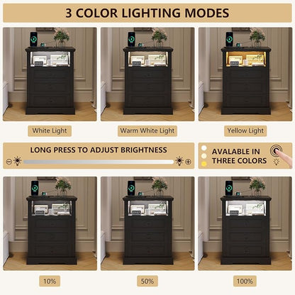 Nightstand Set 2 with Charging Station, Farmhouse End Side Table with 3 Drawers - Image 3