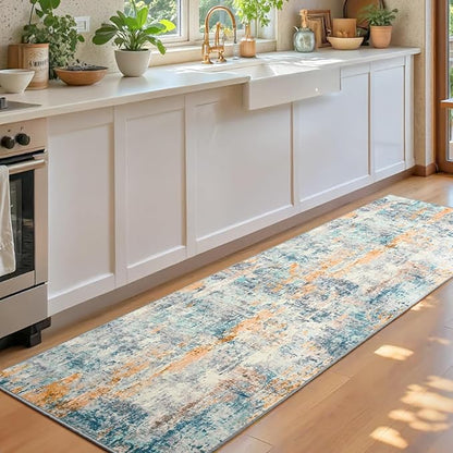Runner Rug for Kitchen Hallways Runner Rug Non Slip 2'6''x8' Washable Blue Long - Image 3