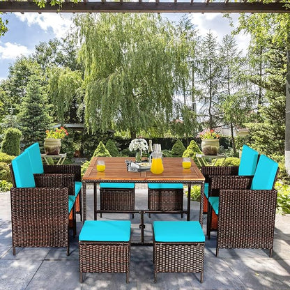 Tangkula 9 Pieces Acacia Wood Patio Dining Set, Space Saving Wicker Chairs and - Image 5