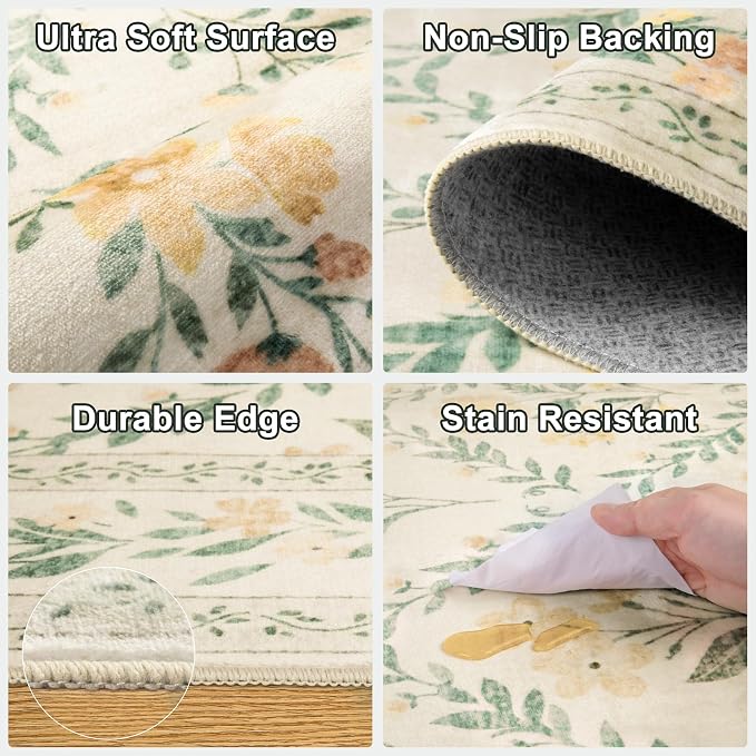 PLHXFR Round Area Rug Living Room: 4 ft Floral Washable Carpet Beige Multi | - Image 6