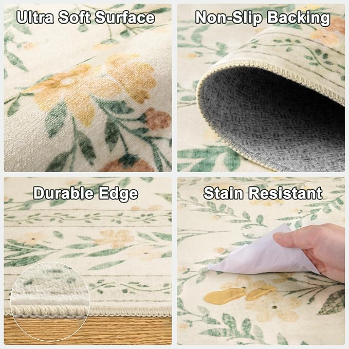 PLHXFR Area Rug Living Room: 5x7 Floral Washable Boho Carpet Beige Multi | - Image 7
