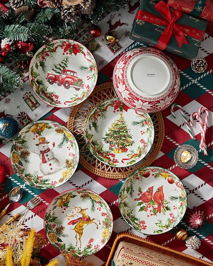 Christmas Pasta Bowls, Ceramic Salad Serving Bowl Set, 8 Inch Wide and Shallow Dinner Bowl Plate for Kitchen, Dishwasher and Microwave Safe, Set of 6