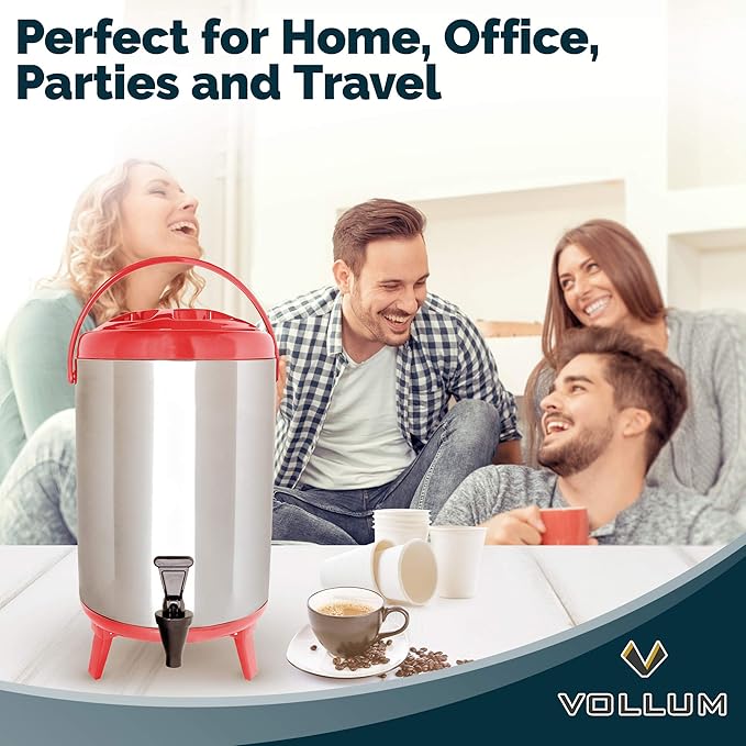 Stainless Steel Insulated Beverage Dispenser – Insulated Thermal Hot and Cold Coffee Carafe – 8 Liter Drink Dispenser with Spigot for Hot Water, Tea & Coffee, Cold Milk, Juice & More RED