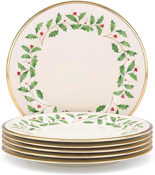 Lenox Holiday 6-Piece Dinner Plates Dinnerware Set, Service For 6, Porcelain, Dishwasher Safe, Round Plates Set, Holiday Red & Green, Perfect for Gatherings, Christmas Dinnerware (Ivory, 6 Piece)