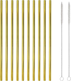 10 Pcs Stainless Steel Straws, Reusable Drinking Straws, Straight Metal Straw Sets with 2 Pcs Cleaning Brushes (8.5 Inch, Gold)