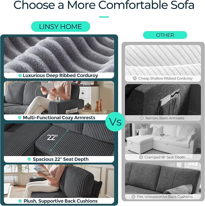 LINSY HOME Sectional Sofa with Pull Out Bed, 4 Seats Corduroy Reversible - Image 4
