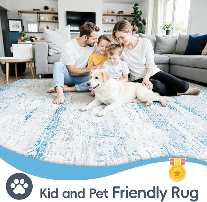 6x9 Washable Area Rug for Living Room Bedroom: Non-Slip Modern Light Blue | - Image 4