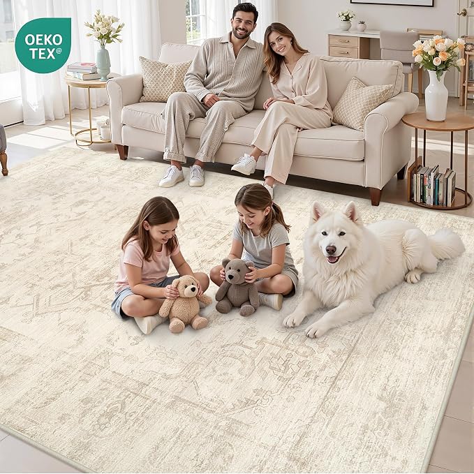 Area Rugs 9x12 Living Room: Bedroom Washable Carpet Beige/Brown | Large Vintage - Image 7