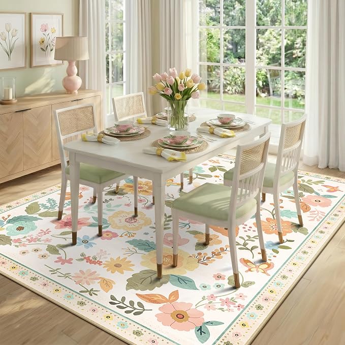 RELEANY Floral Washable 5x7 Area Rugs Beige/White/Orange | Flower Carpet Print - Image 8