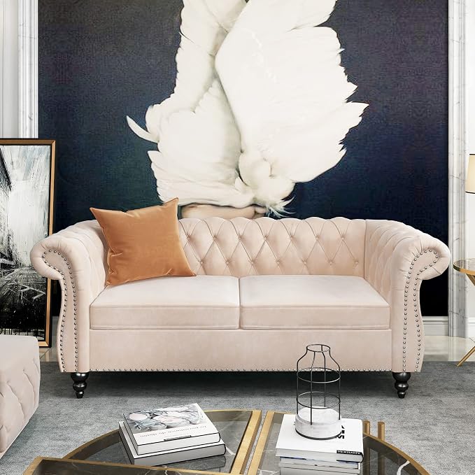 ORRD 2 Piece Living Room Set, Velvet Chesterfield Sofa Loveseat Couch - Image 4