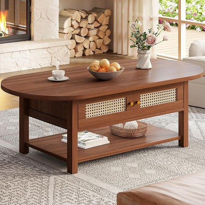LVB Rattan Coffee Table, Boho Wood Living Room Table by LVB