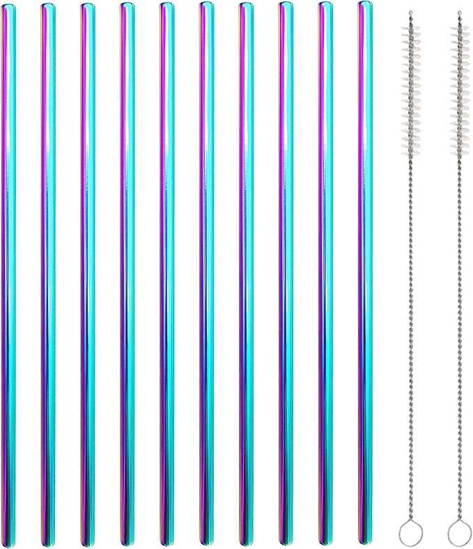 10 Pcs Stainless Steel Straws, Reusable Drinking Straws, Straight Metal Straw Sets with 2 Pcs Cleaning Brushes (8.5 Inch, Colorful)
