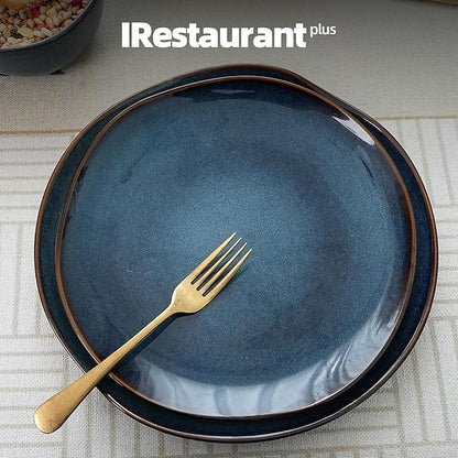 Organic Shape Restaurant Plate 9", Commerical Grade Catering Stoneware Plates in Ir-regular Organic Shape, Chip & Scratch Resistant, Glossy Reactive Glaze Blue, Case of 12