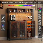 Loomie Wine Bar Cabinet with LED Lights, Industrial Coffee Bar with 3 Storage Compartments & Wine Rack &Glass Holder,Sideboard Buffet for Liquor and Glasses,Liquor Cabinet,Rustic Brown