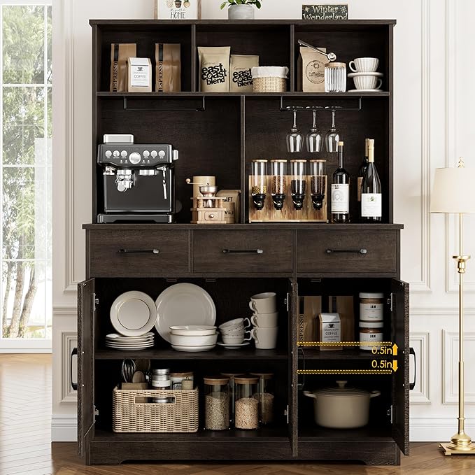 HOSTACK Buffet Cabinet with Hutch, Modern Farmhouse Kitchen Buffet Sideboard Storage Cabinet with 3 Drawers, Barn Door Coffee Bar Station for Dining Room, Living Room, Dark Brown