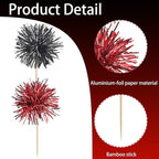 40 PCS Foil Firework Cupcake Toppers Sparkle Tinsel Cupcake Picks Fireworks Birthday Party Decorations Cocktail Fruit Toothpick for Birthday Wedding Graduation Party Decorations Supplies Black Red