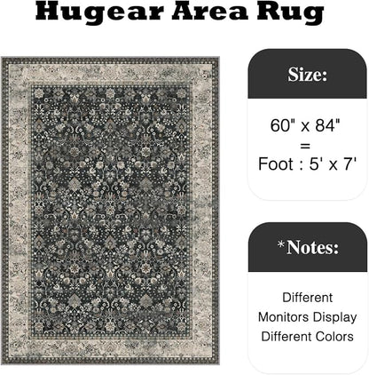5x7 Black Beige Vintage Floral Washable Area Rug - Image 2