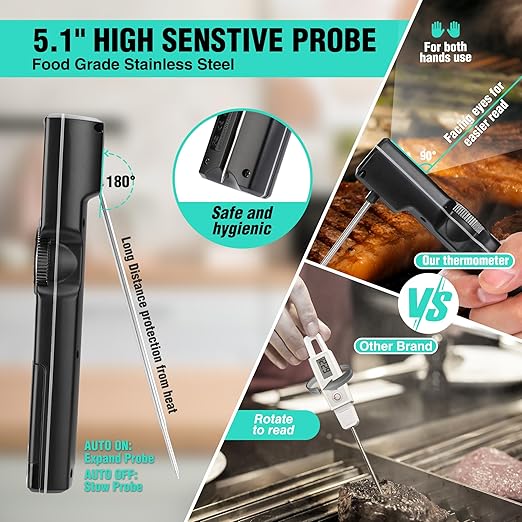 HAUSHOF Instant Read Meat Thermometer Digital, High Accuracy Cooking Thermometer, Scroll Interface Food Thermometer with Timer, Quick-Setting Kitchen Temperature Probe for Grill, Smoker, BBQ, Frying
