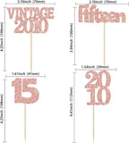 Gyufise 24Pcs 15th Birthday Cupcake Toppers Glitter Fifteen Vintage 2010 Hello 15 Years Birthday Cupcake Picks Sweet 15 Cake Decorations for Happy 15th Anniversary Party Supplies Rose Gold
