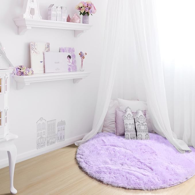 Light Purple Round Rugs 5ft, Fluffy Soft Circle Area Rug - Image 9