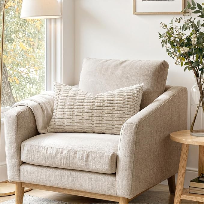MIULEE Lumbar Corduroy Decorative Throw Pillow Covers 24x14 Cream White | Pack - Image 2