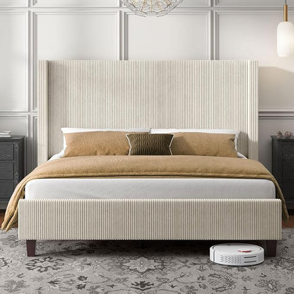 HOWE Queen Size Bed Frame with 50.8" Tall Wingback Headboard, Modern Corduroy - Image 3