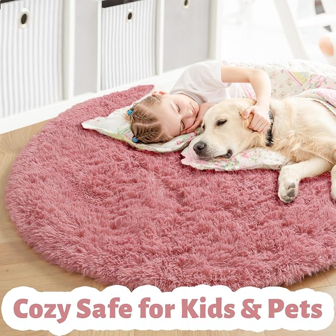 Amdrebio Blush Pink Big Round Fluffy Rug 7Ft - Image 3