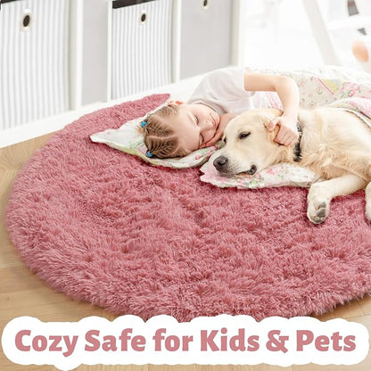 Amdrebio Blush Pink Circle Furry Area Rug 5Ft - Image 3