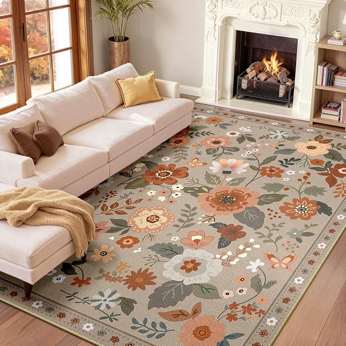 RELEANY Floral Washable 9x12 Area Rugs Brown/Brick | Flower Carpet Print Boho by RELEANY