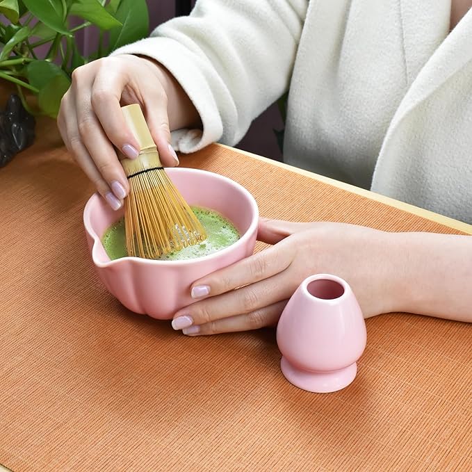 Artcome 4 Pcs Japanese Matcha Tea Set - Matcha Bowl with Pouring Spout, Matcha Whisk, Tea Scoop, Whisk Holder, Handmade Matcha Ceremony Kit For Japanese Tea Ceremony, Rose