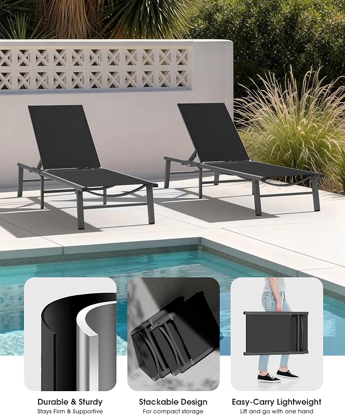 Ciokea Foldable Outdoor Lounge Chair Set of 2, No Assembly Aluminum Chaise - Image 5
