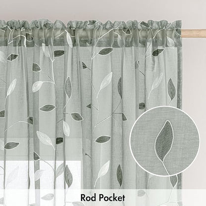 MIULEE Sage Sheer Curtains 2 Panels Embroidered Leaf Patterned, W52 x L63 | - Image 6