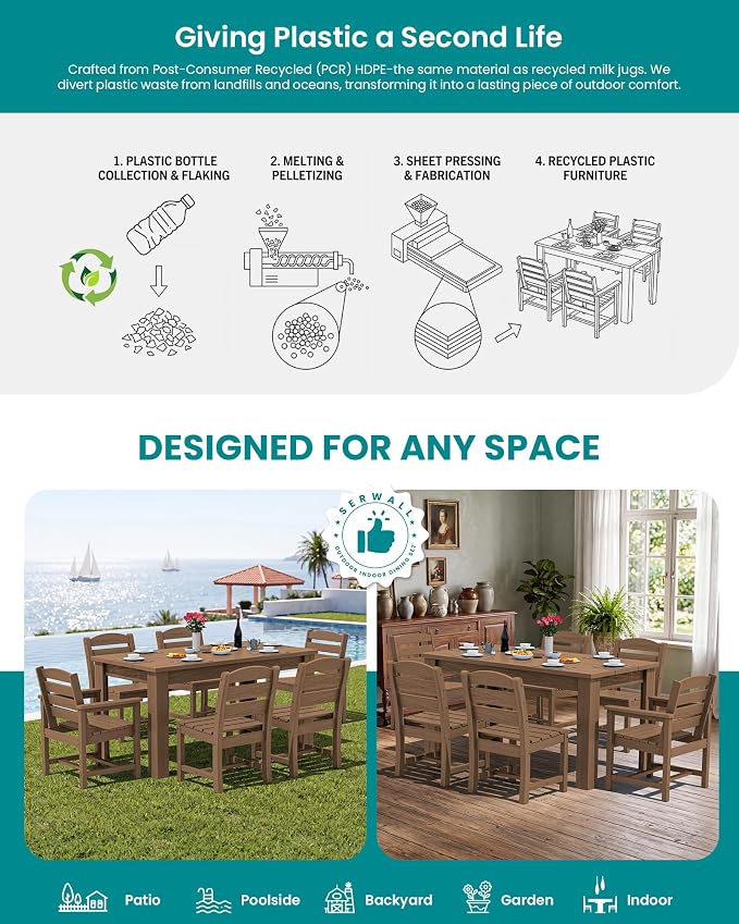 SERWALL HDPE Dining Set for 6: 1 Umbrella Hole Table, 4 Armless + 2 Armchairs. - Image 6