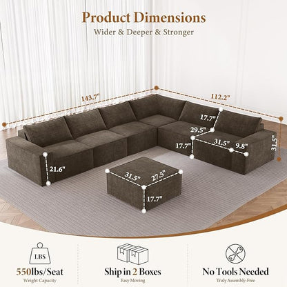 Vesgantti 143.7" Oversized Boneless Couch, Modern 7 Seater Modular Sectional - Image 2