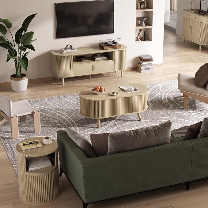 SULIVES Oval Coffee Table with Storage, Small Fluted Center Table - Image 8