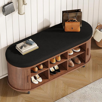Oval Shoe Storage Bench with Padded Seat Cushion, 2-Tier Fluted Shoe Cabinet - Image 4
