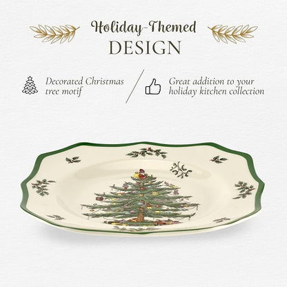 Spode Christmas Tree Scalloped Salad Plates (Set of 4) - Holiday-Themed Stoneware Appetizer Plate - 9 Inch Christmas Dinner Dish - Colorful Gifts & Mistletoe Accents - Dishwasher & Microwave Safe