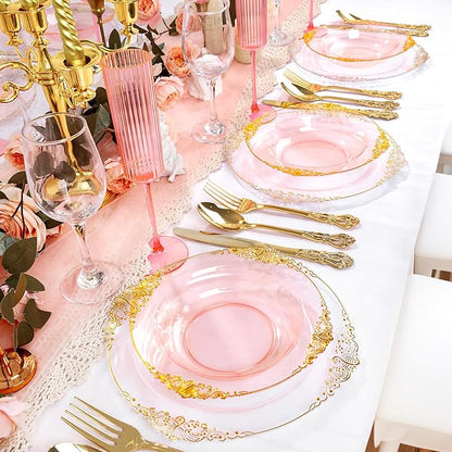 100PCS Clear Pink Plastic Bowls - 12 oz Pink Gold Disposable Salad Bowls - Heavy Duty Disposable Soup Bowl - Fancy Plastic Ice Cream Bowl for Weddings Parties Dinners Picnics