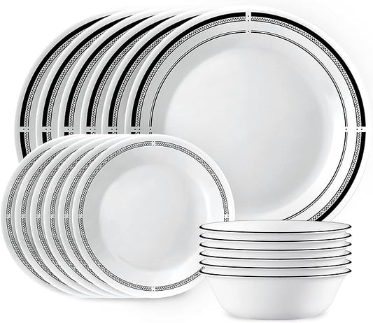 Corelle 18-Piece Round Dinnerware Set Service for 6, Lightweight Round Plates and Bowls Set, Vitrelle Triple Layer Glass, Chip and Scratch Resistant, Microwave and Dishwasher Safe, Brasserie