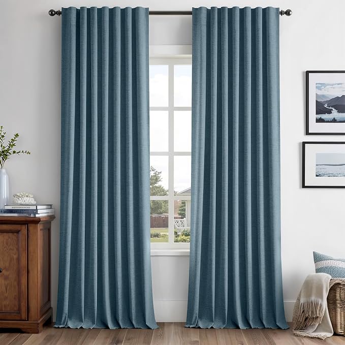 MIULEE 100% Blackout Linen Curtains 42 x 96 Inch Stone Blue 2 Panels | Thermal by MIULEE
