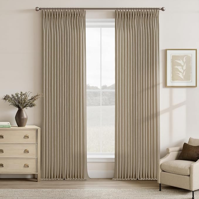 Camel Tan 105 Inch Linen Pinch Pleat Semi Sheer Curtains 50Wx105L 2 Panels | by Twodrapes